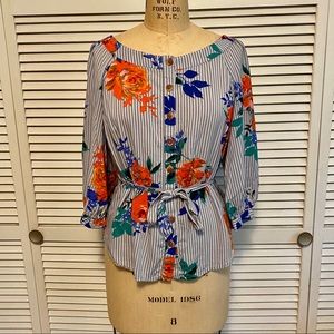 Anthropologie Striped Floral Blouse - Blue, Orange, Green
